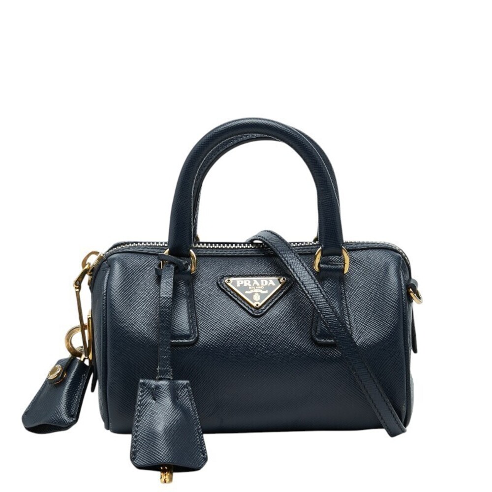 Prada Triangle Plate 2way Shoulder Bag Navy Blue Saffiano Leather